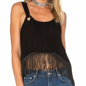 Free People Black Fringe Trim Grommet Hardware Accents Boho Festival Top (NWT)